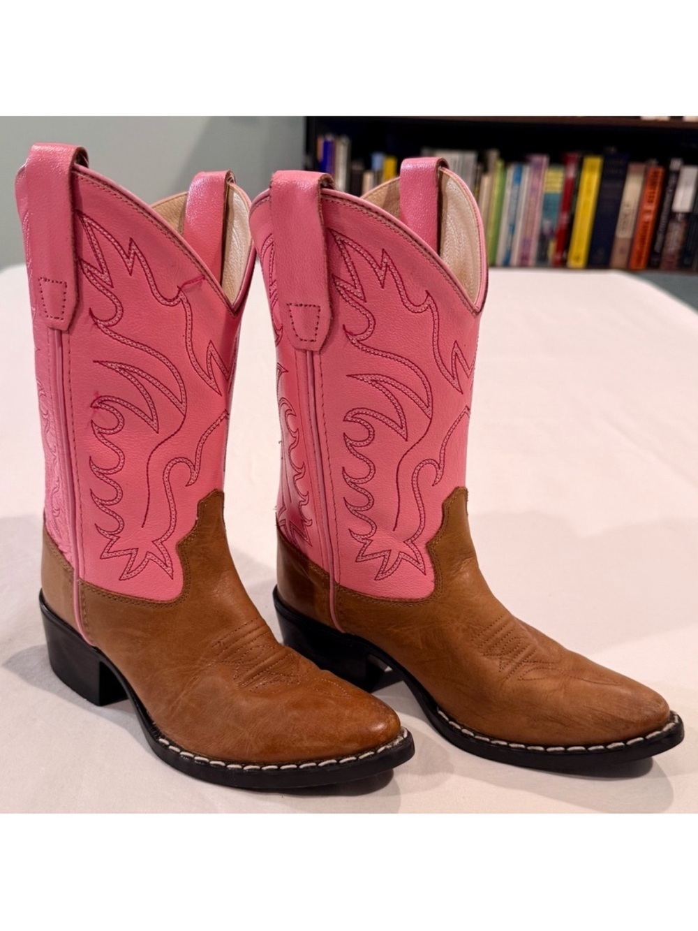 Old West Leather Cowboy Boots Girls 12.5 Tan Pink Calf Western 8139 Pageant